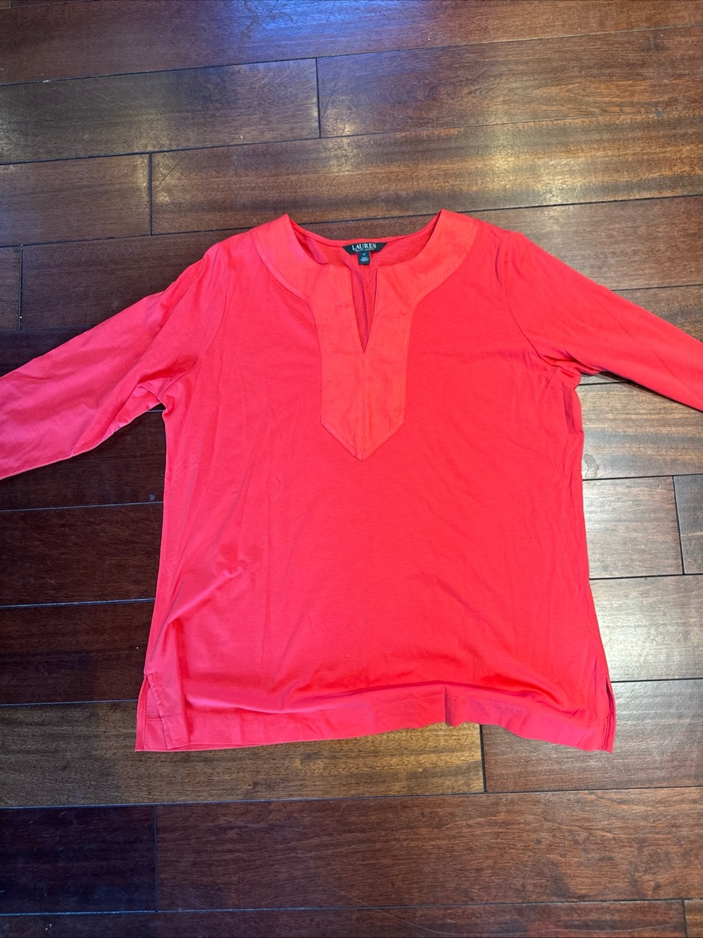 Lauren Ralph Lauren Red Cotton Tunic Top Split V-Neck 3/4 Sleeve Womens 1x